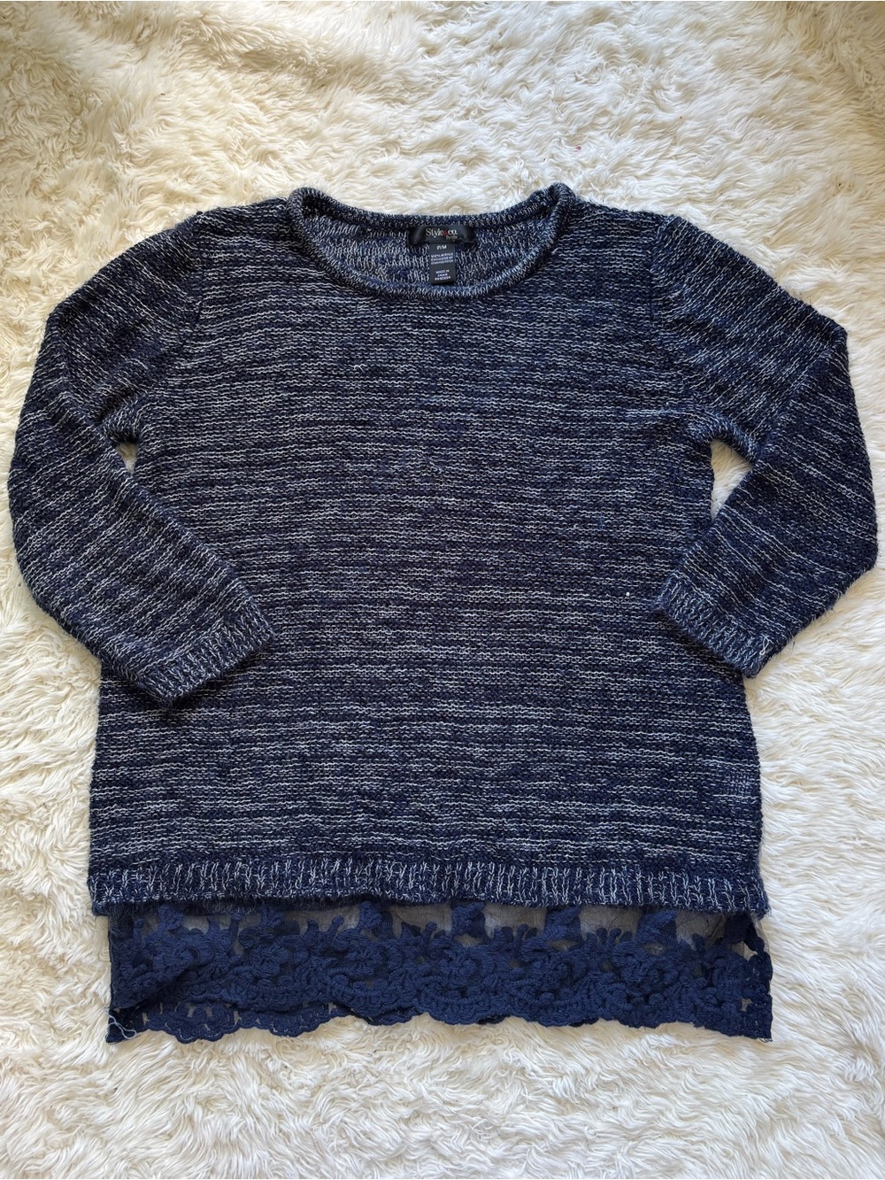 Style & Co. Navy Marled Crewneck Sweater with Lace Trim